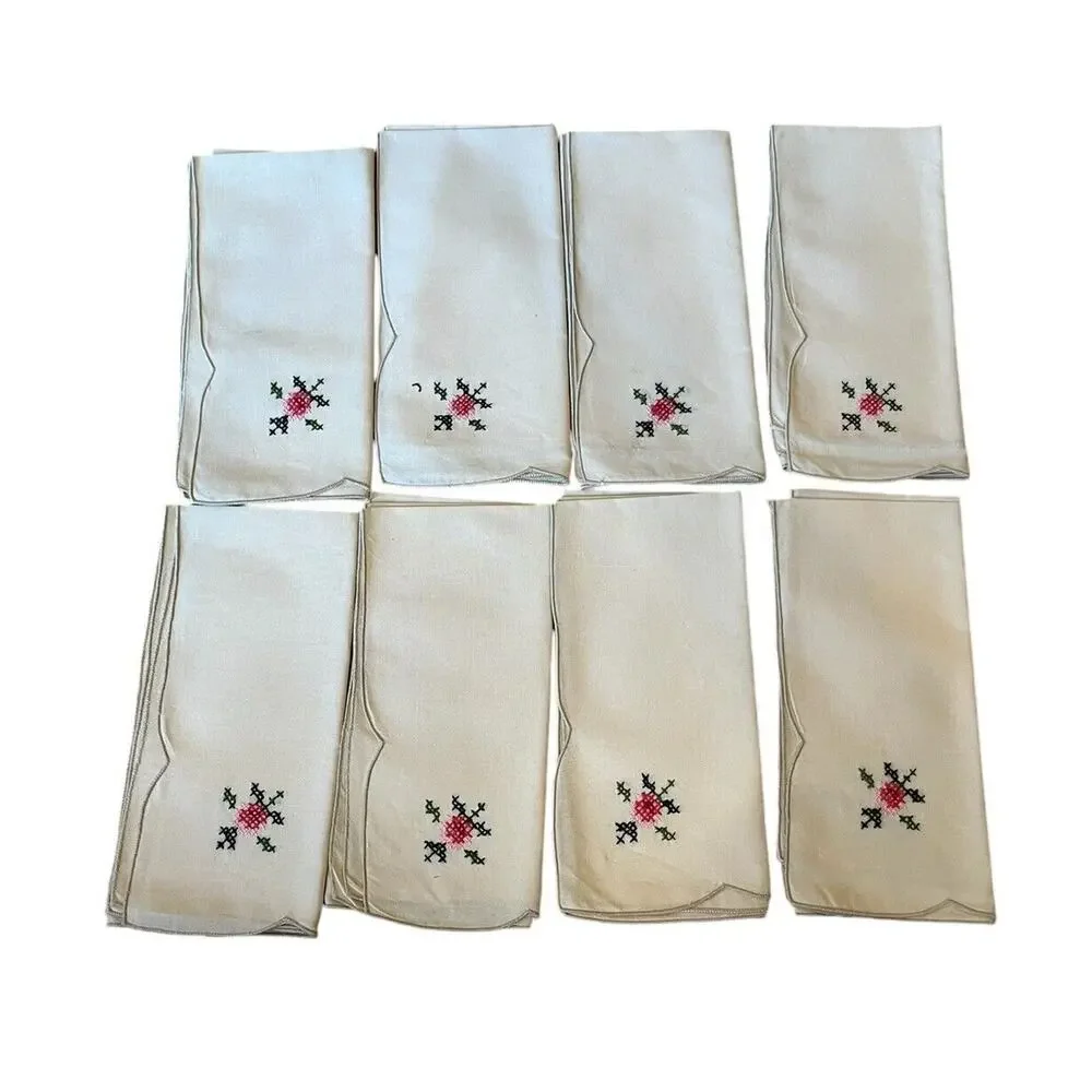 8 VTG Linen Cotton Napkins Embroidered with Pink Flowers Cross Stitch 16 X 16”